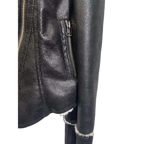 Boston Proper Black Faux Leather Off White Shearling Collar Moto Jacket - Picture 4 of 10